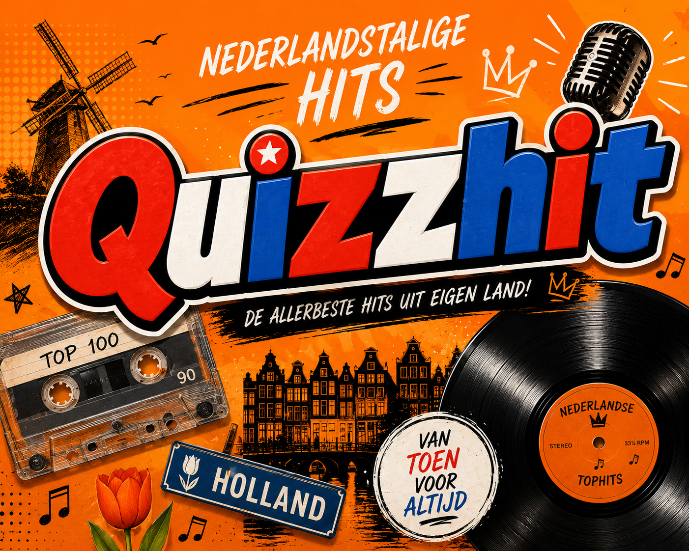 Quizzhit Nederlandstalige hits artwork met molen, tulp en vinylplaat