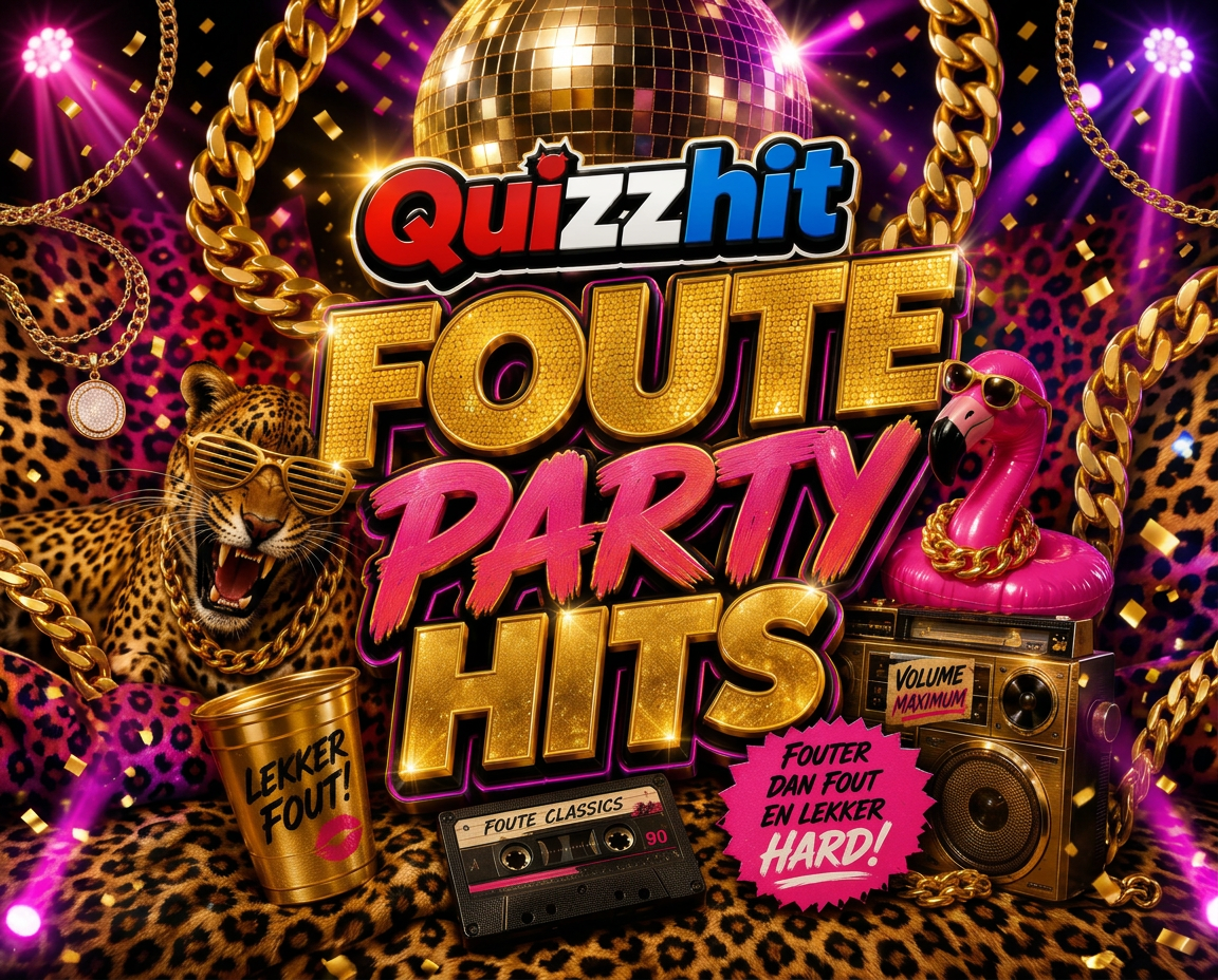 Quizzhit Foute Party Hits artwork met discobal, flamingo, cassette en gouden ketting