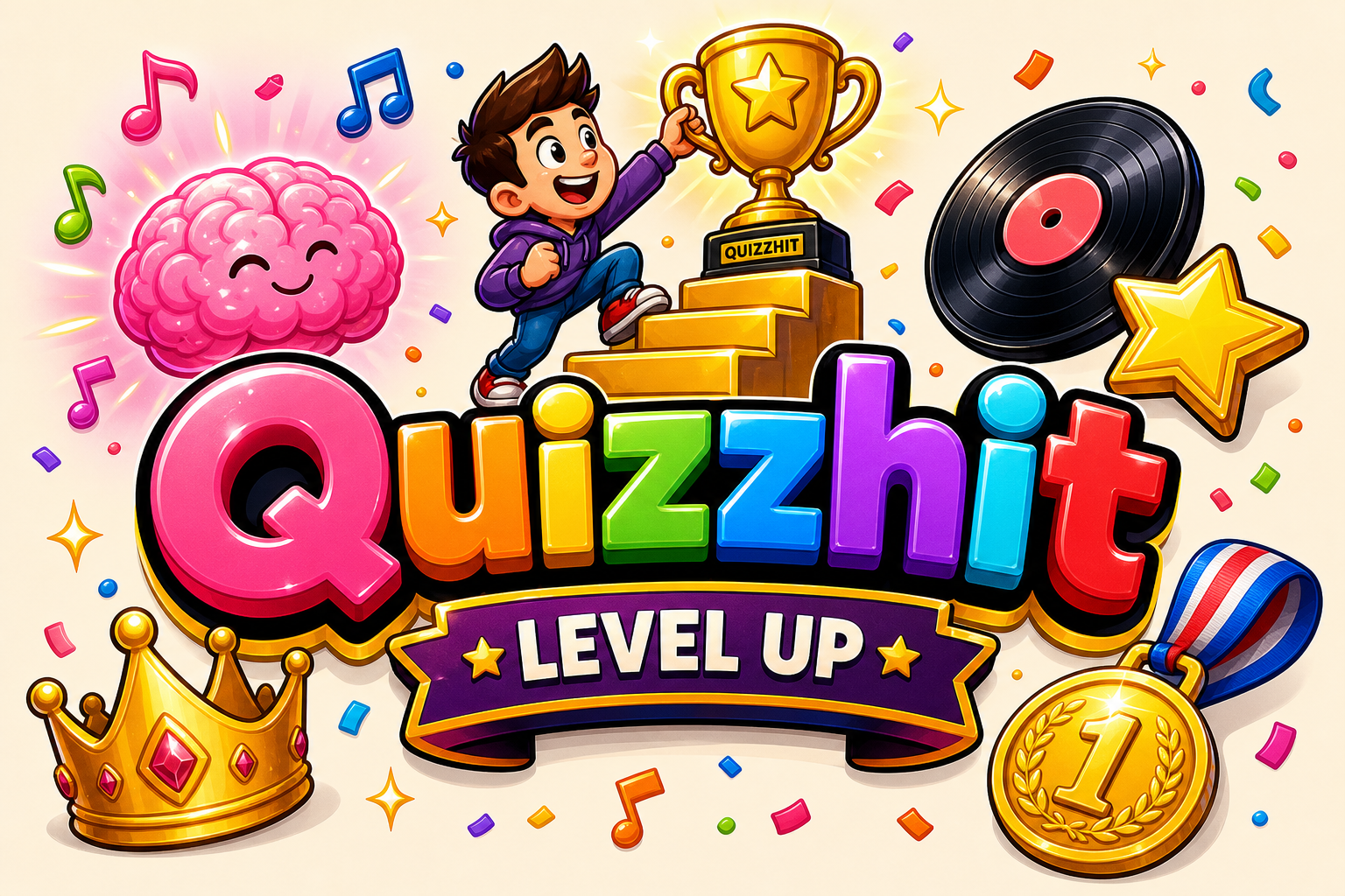 Quizzhit Level Up artwork met trap naar een gouden beker, brein, vinylplaat, ster, kroon en medaille