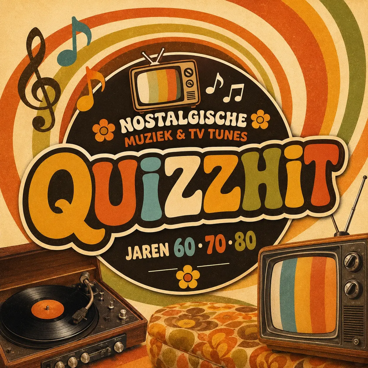 Quizzhit Nostalgische Muziek & TV Tunes artwork met platenspeler, retro tv en jaren 60, 70 en 80 kleuren