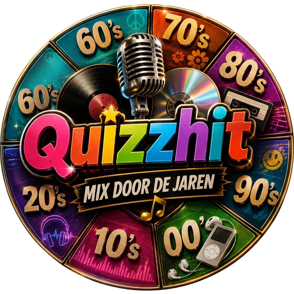 Quizzhit Mix door de Jaren artwork met draaischijf van decennia, microfoon en vinylplaat