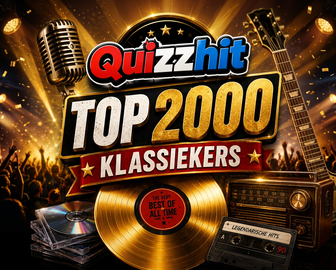 Quizzhit Top 2000 Klassiekers artwork met gouden plaat, microfoon, gitaar en radio